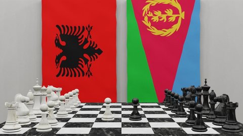 Albania vs Eritrea at the chess board. The concept of political relations between countries. 3d animation
