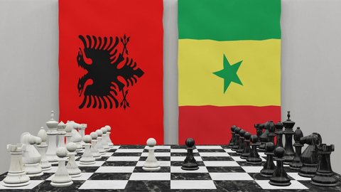 Albania vs Senegal at the chess board. The concept of political relations between countries. 3d animation