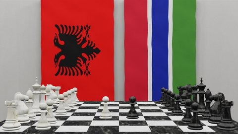 Albania vs Gambia at the chess board. The concept of political relations between countries. 3d animation