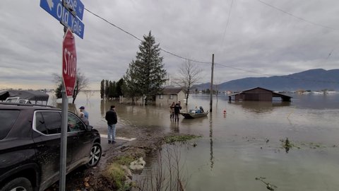 Abbotsford , British Columbia , Canada - 11 22 2021: Record of historic and disastrous floods in the city of Abbotsford, province of British Columbia, Canada.