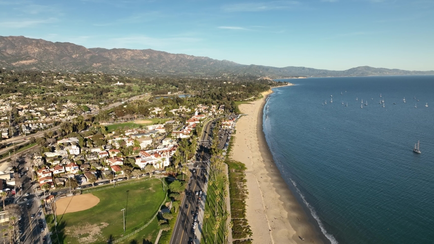Aerial Drone view of buildings in city Santa Barbara, California. Royalty-Free Stock Footage #1088882395