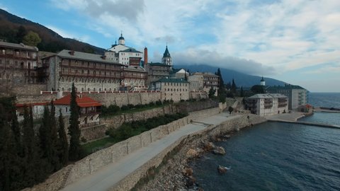 A picturesque monastery on Mount Athos on the coast of Greece.