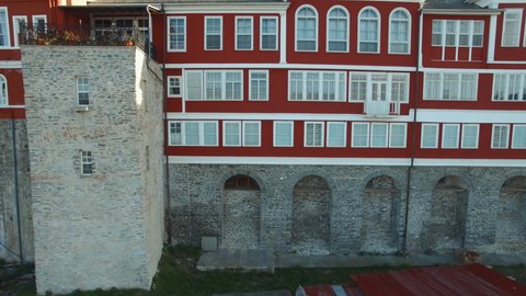 Hilandar Monastery on Mount Athos, top view of the buildings in the courtyard. Shooting at close range.