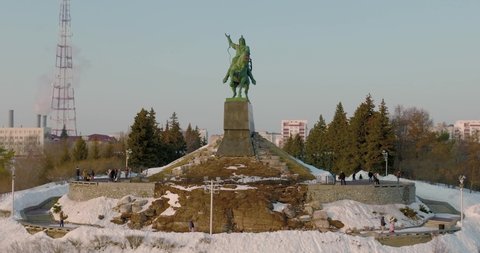 Ufa, Bashkortostan, Russia - January 20 2022: Monument to Salavat Yulaev in Ufa at winter sunny sunset - Aerial drone view