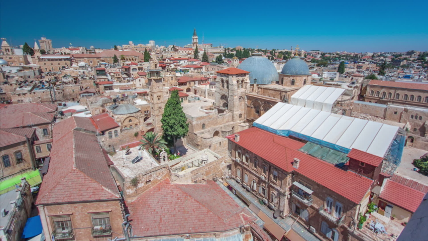 Skyline of the Old City in Jerusalem with historic buildings aerial timelapse, Israel. Middle east