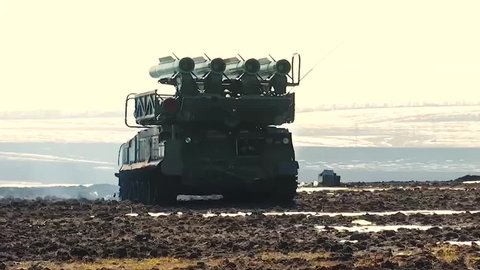 Kiev, Ukraine - 03.25.2022: Rocket launcher vehicle. Missile war machine.