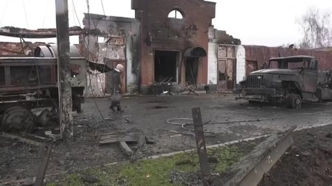 Kyiv, Ukraine - 03.20.2022: Ukrainian city after the bombing attack. Ukraine war.