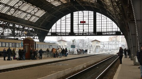 LVIV, UKRAINE - JANUARY 5, 2018: Platform of Lviv railway station in Ukraine. 4K, Editorial, Pan. Contains audio