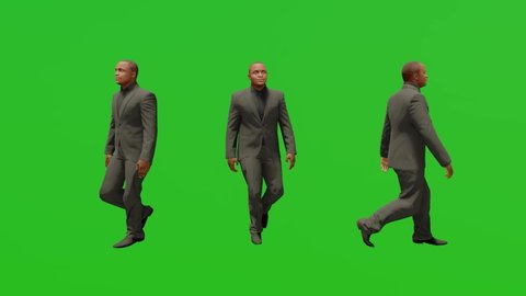 Suit man walking at three different angles green screen 3d render realistic 3D people rendering isolated green screen full hd 1080