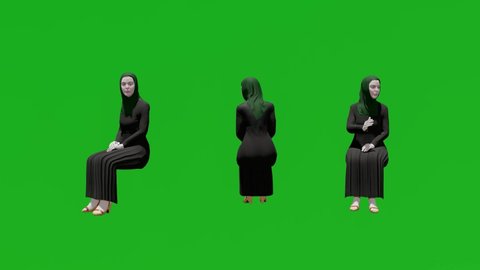 Veiled woman in black dress resting on a chair with three different angles green screen 3d render realistic 3D people rendering isolated green screen full hd 1080