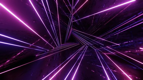 triangular neon tunnel. Fly through mirror tunnel with neon pattern, glow lines form sci fi pattern. Bright reflection neon light. Simple bright background, sci fi structure. 4k looped animation.