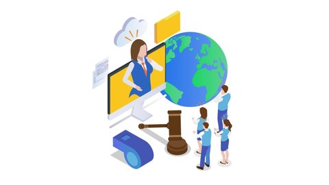 Group animation of business people looking at businesswoman blow whistle on the computer while standing with gavel and globe. Cartoon in 4k resolution