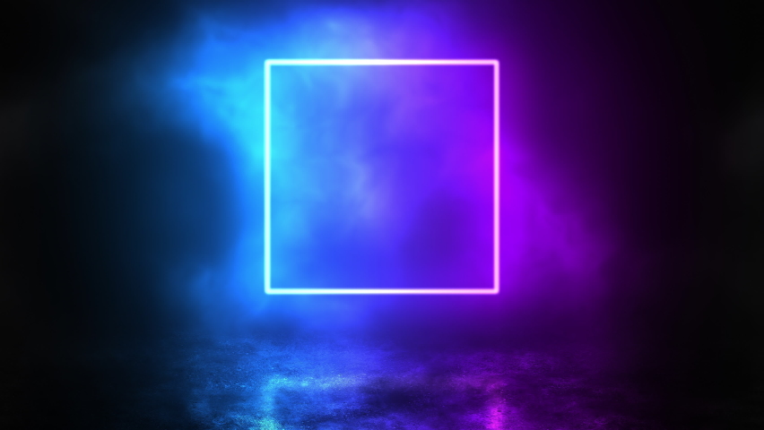 Neon square portal hanging in the air above the concrete floor with smoke flying through it, mystical video, cosmic style, cyberpunk modern design, seamless background, animation loop stock video