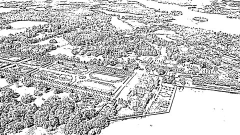 Sketch doodle style. Stockholm, Sweden. Drottningholm. Drottningholms Slott. Well-preserved royal residence with a Chinese pavilion, theater and gardens, Aerial View