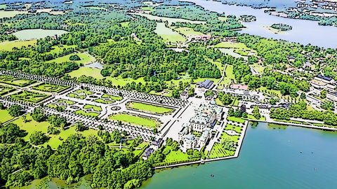 Color sketch in cartoon style. Stockholm. Drottningholm. Drottningholms Slott. Well-preserved royal residence with a Chinese pavilion, theater and gardens, Aerial View, Point