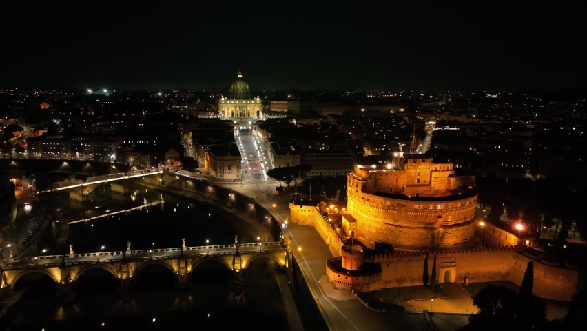 Rome, Castel Sant'Angelo, the Tiber river and St. Peter's Basilica.
Panoramic aerial shot of the Vatican city and Castel Sant'Angelo. San Pietro, Roma Royalty-Free Stock Footage #1088897471