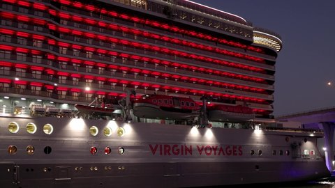 Hige Virgin Cruise liner in the port of Miami - evening view - MIAMI, USA - FEBRUARY 14, 2022