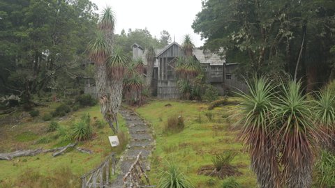 zoom in on a reconstruction of the historic waldheim chalet at cradle mountain at cradle mountain national park in tasmania, australia