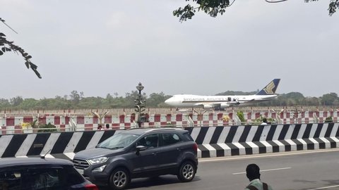 Chennai, India - March 27, 2022: Singapore Airlines Cargo Boeing 747-400 Cargo airplane ready to take off at Chennai International Airport. Most popular cargo plane used commercial. Queen of the sky.