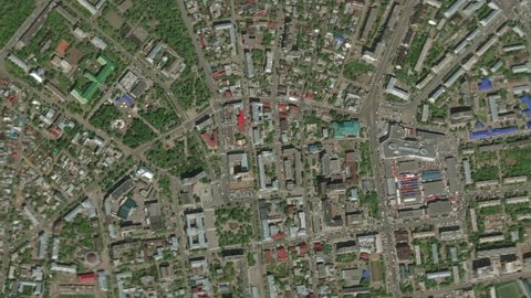 Earth zoom in from space and focus on Orenburg, Russia. The animation continues by zoom out through clouds and atmosphere into space. Background for travel intro.