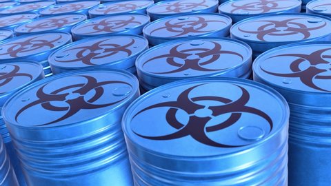 Realistic tracking camera looping 3D animation of the blue toxic waste barrels with Biological hazard or Biohazard symbol rendered in UHD