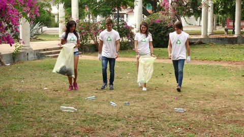 Environment protection, nature, ecology, clean future, rubbish. Young people cleaning garbage, group of happy friends collecting trash on grass, men and women picking up plastic bottles in city park స్టాక్ వీడియో