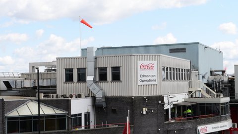 London. UK- 04.03.2022. A zoom in exterior view of the Coca Cola bottling plant in Edmonton.
