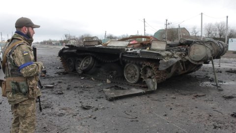 Skibin, Brovary district, Kyiv region, Ukraine - April 2022: Russia - Ukraine War. Consequences of the military invasion of the Russian army in Ukraine. Damaged military equipment of the Russian army