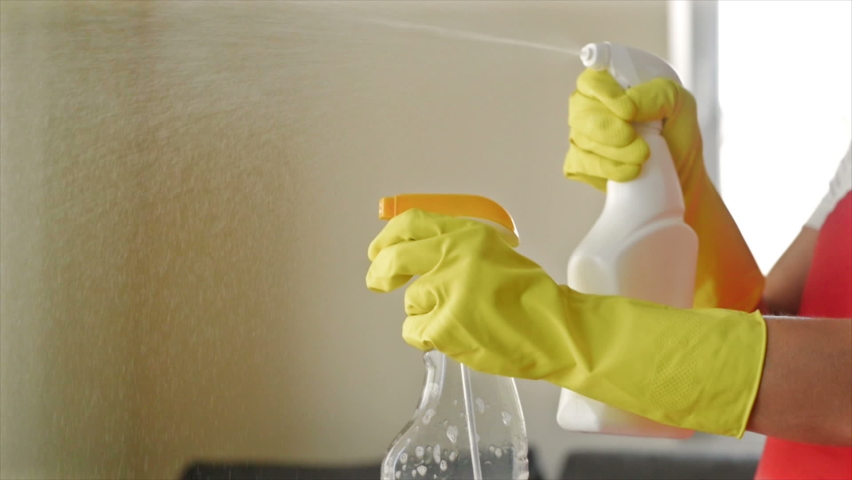 Tired of boring work, the housewife started a fun game with the Hand Sprayers. | Shutterstock HD Video #1088905479