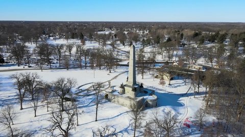SPRINGFIELD, ILLINOIS - CIRCA 2022 - aerial over the burial site of Abraham Lincoln at Oak Ridge Cemetery in Springfield, Illinois.