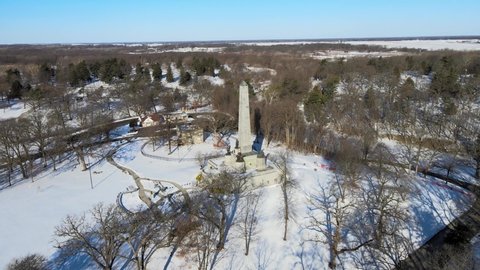 SPRINGFIELD, ILLINOIS - CIRCA 2022 - aerial over the burial site of Abraham Lincoln at Oak Ridge Cemetery in Springfield, Illinois.
