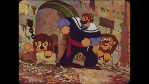 CIRCA 1936 - In this animated film, Sinbad (Bluto) sings of his exploits while a chained dragon and vulture look on.