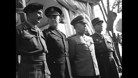 CIRCA 1945 - The Allied Control Council, consisting of Generals Eisenhower, Montgomery, Zhukov, and de Tassigny, meet with General Clay.