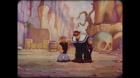CIRCA 1936 - In this animated film, Popeye defeats Sinbad (Bluto)'s giant bird by cooking it in a volcano.