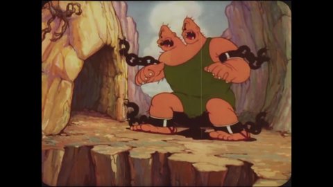 CIRCA 1936 - In this animated film, Sinbad (Bluto) fights off a two-headed giant.