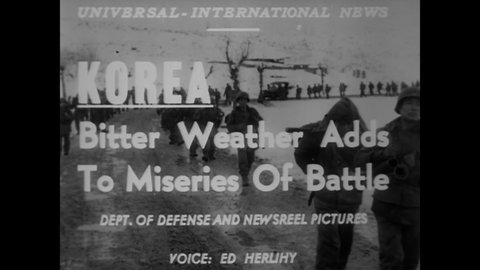 CIRCA 1951 - United Nations troops suffer through winter in Korea, getting supplies dropped by parachute in the snow, and guiding refugees.