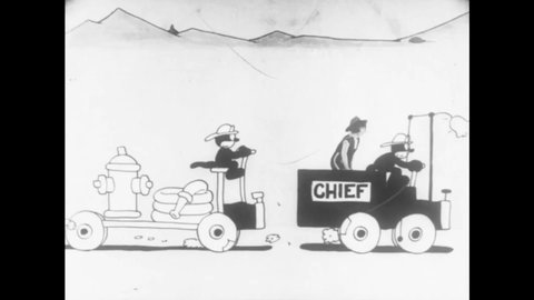 CIRCA 1926 - In this animated film, a live-action little girl rides in a fire engine with firefighter cats.