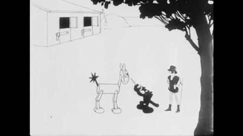 CIRCA 1926 - In this animated film, a cat greases up a mechanical horse for a live-action little girl to ride in a race.