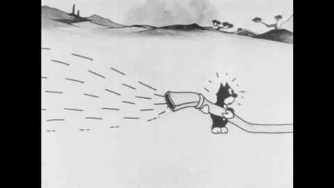 CIRCA 1924 - In this animated film, a live-action girl and her cat struggle with a large vacuum cleaner that sucks up all the furniture.