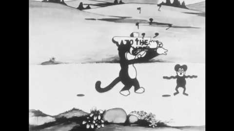 CIRCA 1924 - In this animated film, a cat plays the violin for some dancing mice and they put his tail in a mouse trap.