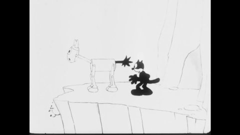 CIRCA 1926 - In this animated film, a cat rips off a vulture's wings to put on his mechanical horse.