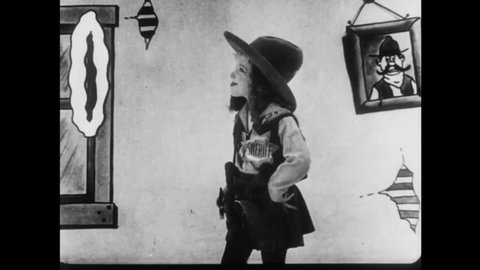 CIRCA 1924 - A live-action little girl is the sheriff in a cartoon old west saloon, where a thief is contemplating robbing the safe.