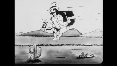CIRCA 1924 - In this animated film, a live-action little girl in a car chases a bandit on horseback.
