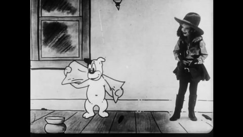 CIRCA 1924 - In this animated film, a live-action little girl is a sheriff in a saloon where she catches a man trying to crack a safe