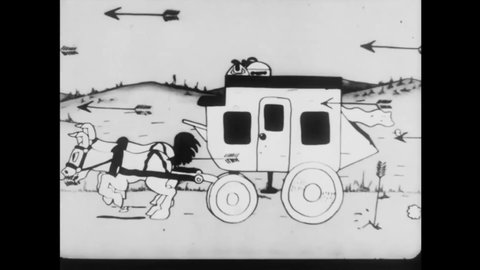 CIRCA 1924 - In this animated film, a live-action girl shoots her gun from the top of a stagecoach at Native Americans.