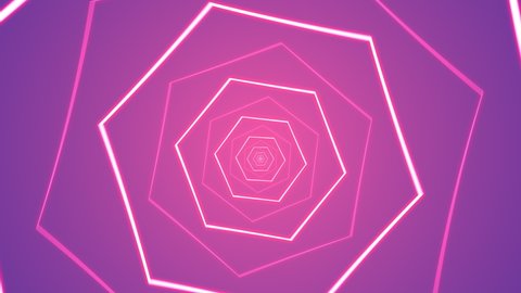 Loopable abstract digital neon polygon tunnel background. 4K futuristic sparkling animation pattern that moves forward with purple and pink colors. Technology and cyber concept with copy space.