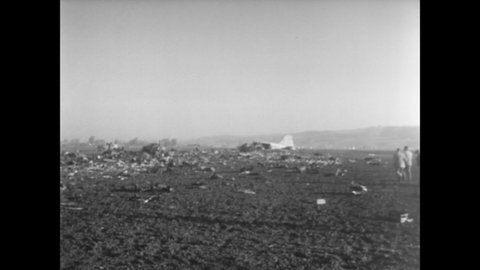 CIRCA 1953 - Aftermath of the deadly wreckage incurred when an air force plane crashed in California.