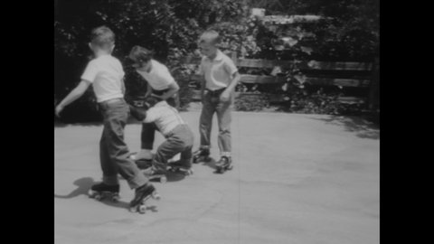 CIRCA 1956 - A chimpanzee goes roller-skating with children.