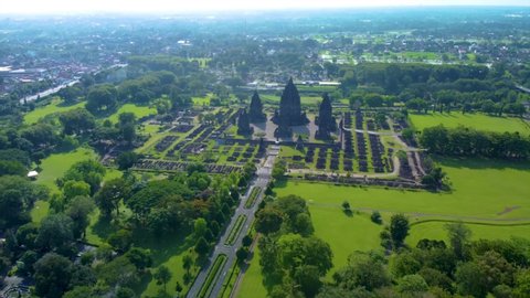 Established Aerial Shot of Candi Prambanan (Prambanan Temple), Hinduism Temple in Central Java