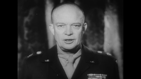 CIRCA 1945 - General Eisenhower gives a speech thanking American soldiers and servicewomen for their work in forcing Nazi Germany to surrender